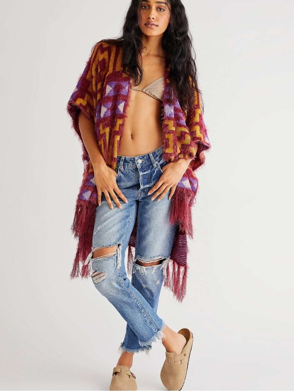 Free people Boho Geometric Fringe kimono - Burgundy, Mustard, Lilac